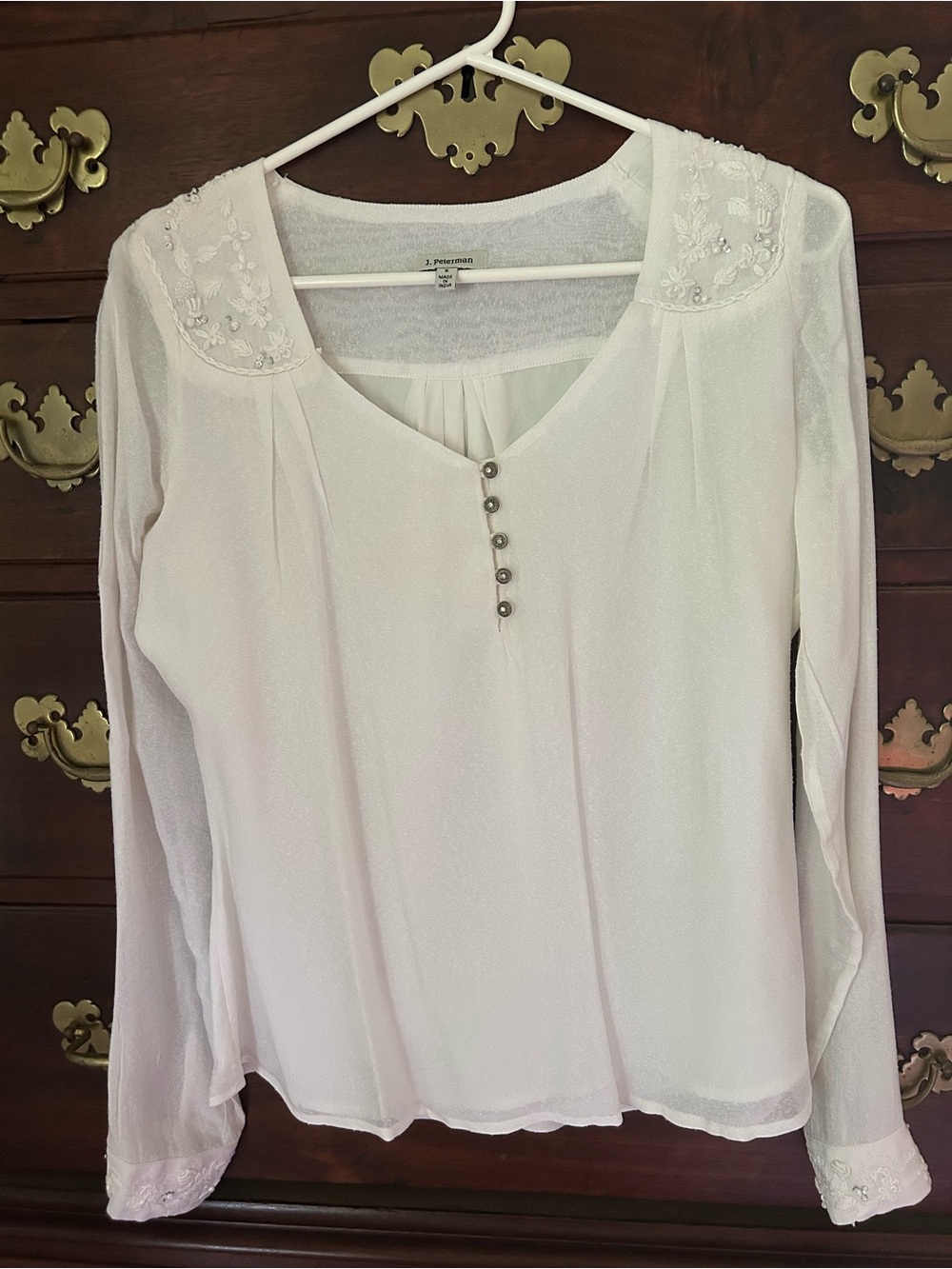 J. Peterman White Long-Sleeve V-Neck Blouse with Embroidered Shoulders